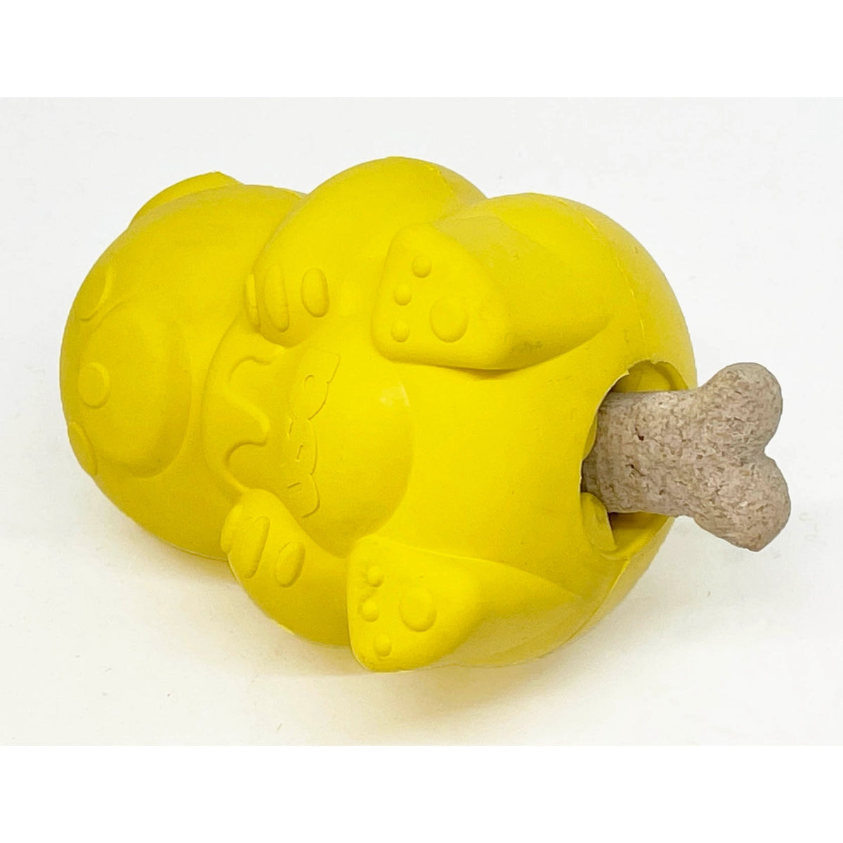 The TREAT DISPENSER HONEY BEAR (L) by SODA PUP is a durable, bright yellow rubber bear toy that holds a jar labeled &quot;USA&quot; with a dripping honey design. Made in the USA, it features rounded ears, circular eyes, a small nose, and detailed paws. This chew toy is also designed to dispense treats.