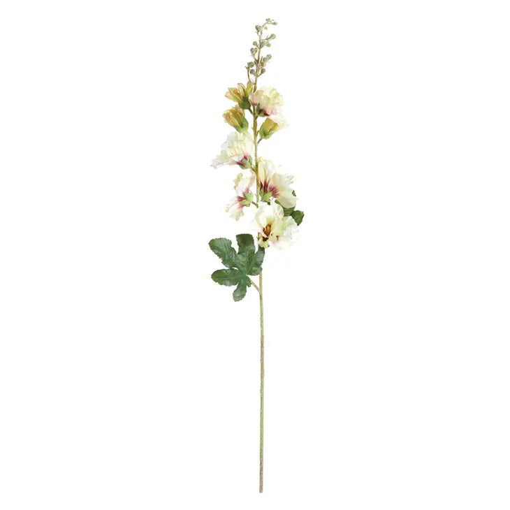 The HOLLYHOCK STEM by NAPA HOME AND GARDEN is a striking 36" interior decor piece featuring a tall, single-stemmed flower adorned with multiple pale pink and white blossoms and green leaves on the upper half of the stem. This realistic artificial flower stands elegantly against a plain white background.