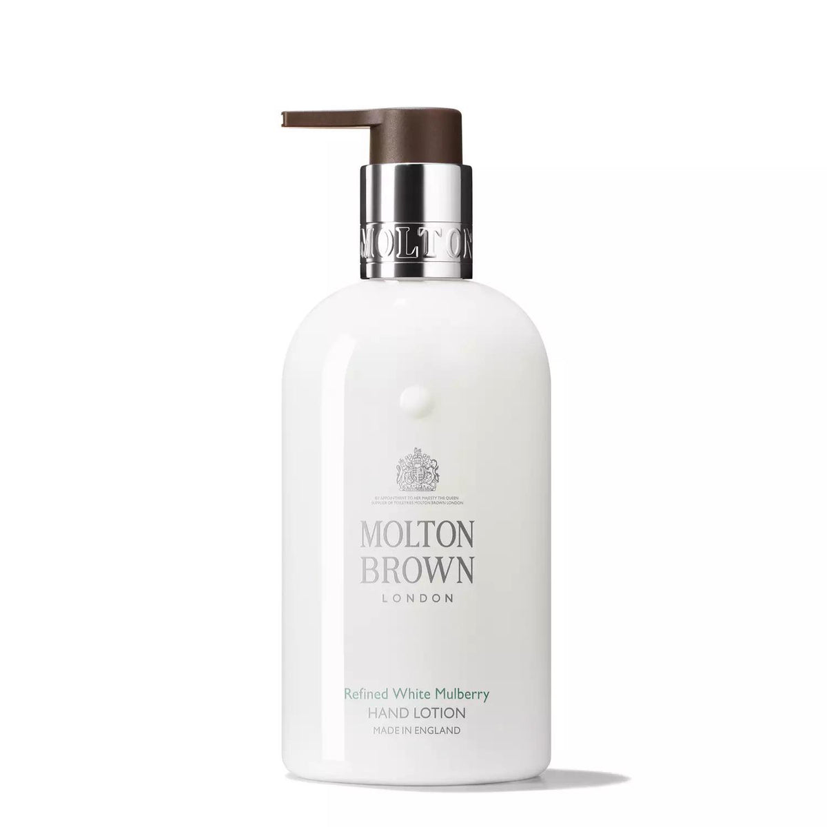A white bottle of Molton Brown's Mulberry and Thyme Hand Lotion with a pump dispenser, featuring a silver collar at the top and text displaying the brand and product name. This hand lotion is infused with notes of bergamot for a fresh, fragrant experience.