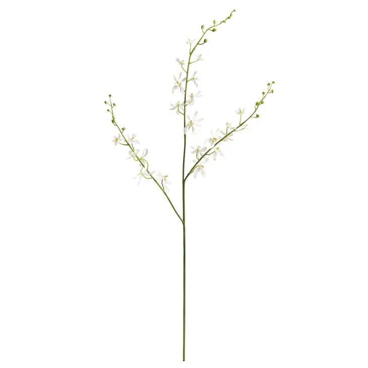 The NAPA HOME AND GARDEN - ORCHID STEM features a long green stem with delicate white artificial blossoms, branching into three elegant sections. Perfect for enhancing your home decor with its realistic design against a neutral background.