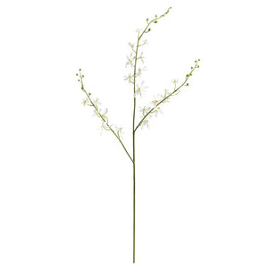 The NAPA HOME AND GARDEN - ORCHID STEM features a long green stem with delicate white artificial blossoms, branching into three elegant sections. Perfect for enhancing your home decor with its realistic design against a neutral background.