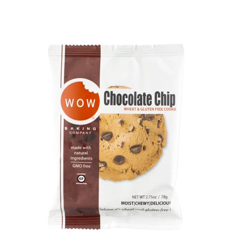 A package of WOW Baking Company's Gluten Free Chocolate Chip Cookies is shown. The packaging is predominantly white with a vertical brown stripe on the left side. Text indicates that the cookies are gluten-free, made with natural ingredients, GMO-free, and weigh 78 grams. An illustration of a cookie hints at their delicious flavor.