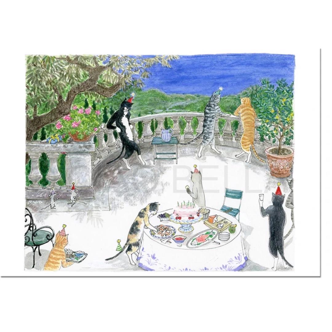 The CIAO BELLA - PARTY AT MIRAMAR CARD by CIAO BELLA features a whimsical illustration of anthropomorphic cats wearing party hats. They gather on a terrace adorned with lush plants and offering a stunning sea view. The centerpiece is a table set with an array of foods and blank note cards, suggesting a festive occasion.