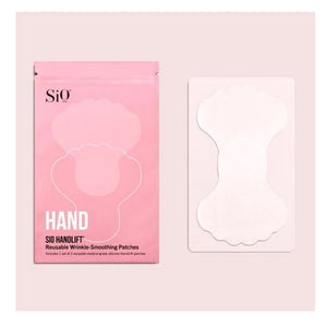 An image showing a pack of SiO Beauty's SiO Handlift Reusable Wrinkle-Smoothing Patches. The left side displays the pink packaging with the product name "SIO HANDLIFT" and a description. The right side features one of the translucent, medical-grade silicone patches in its packaging, designed for effective hand wrinkle treatment.