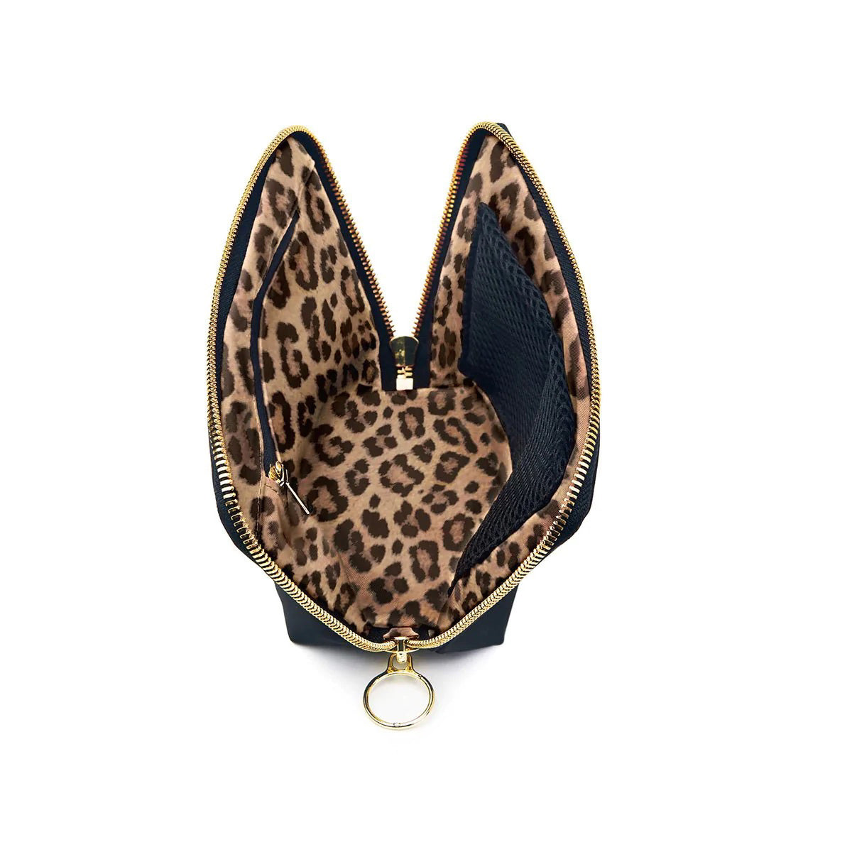 The KUSSHI - Everyday Makeup Bag Black is a stylish black makeup bag adorned with gold accents and the &quot;KUSSHI&quot; logo on the bottom right corner. It features two zipper pulls at the top and is designed to be machine washable for easy care.