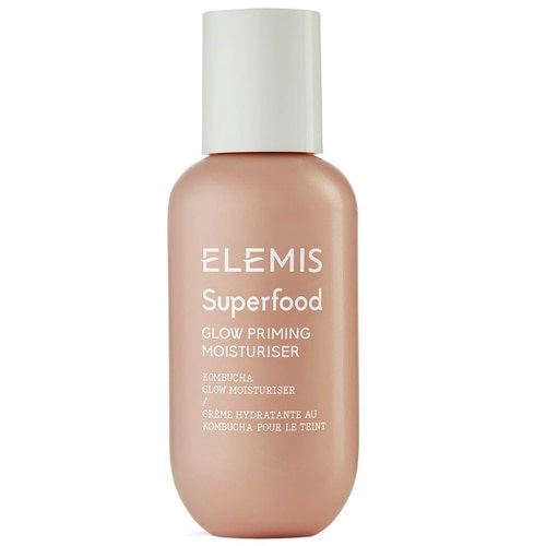 A cylindrical bottle of ELEMIS - SUPERFOOD GLOW PRIMING MOISTURIZER by ELEMIS - STEINER, featuring a beige gradient design and white text in both English and French. The bottle, complete with a white cap, contains Kombucha to hydrate and brighten your skin for a glowing complexion.