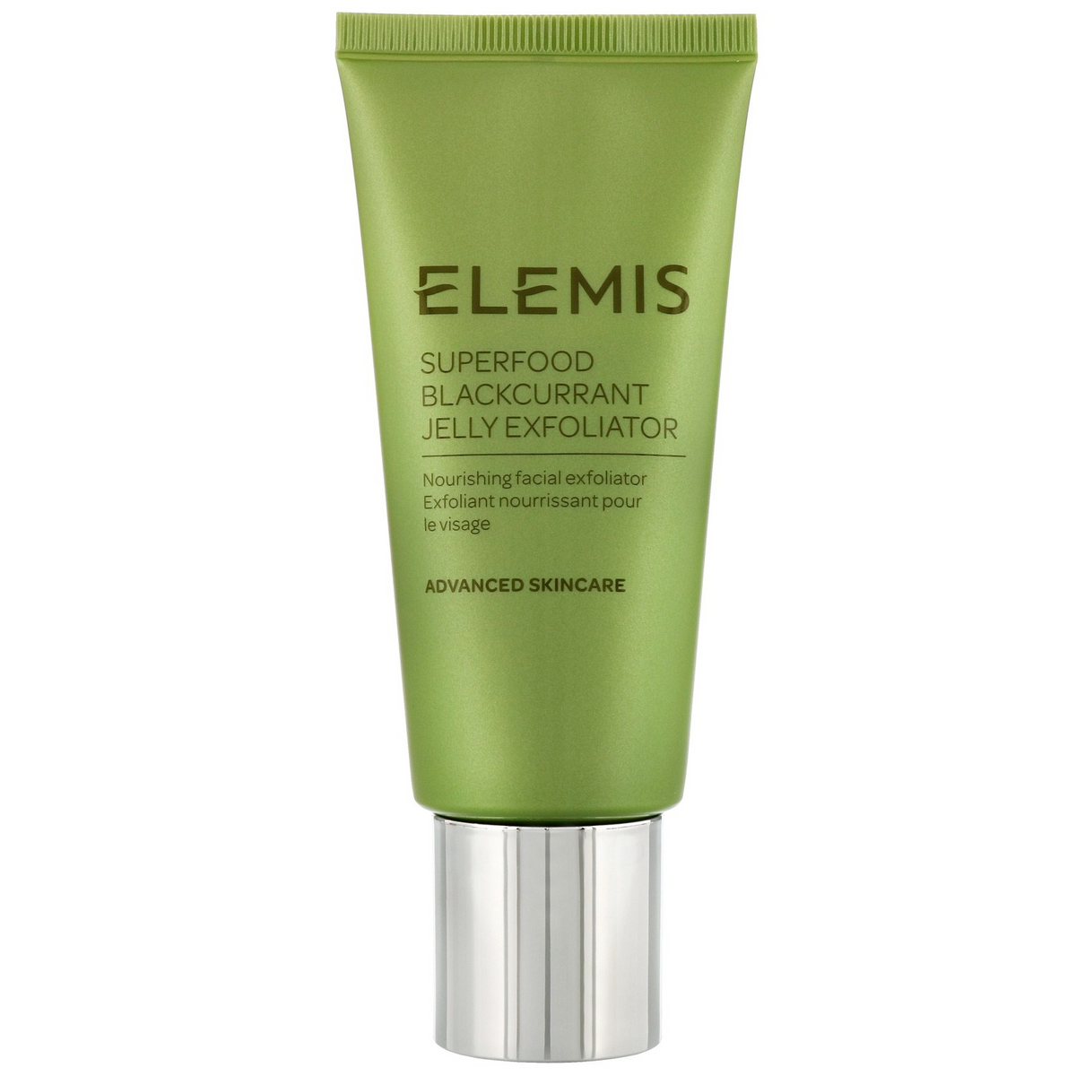 A tube of ELEMIS - SUPERFOOD BLACKCURRANT JELLY EXFOLIATOR by ELEMIS - STEINER is displayed against a white background. The green packaging with black and white text features a shiny silver cap. This nourishing jelly exfoliator combines antioxidant-rich Superfood extracts and sustainably-sourced Blackcurrant scrub particles for radiant skin.
