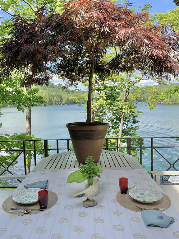 Outdoor dining table by a lake