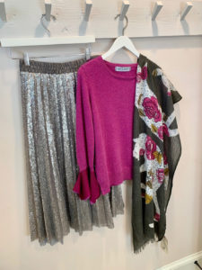 sequin skirt, sweater, and scarf