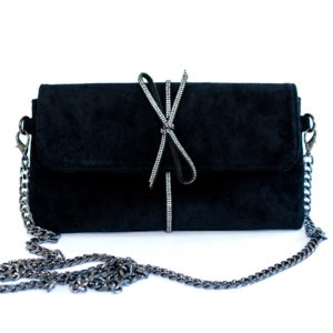 BLACK SUEDE CLUTCH WITH CRYSTAL BOW