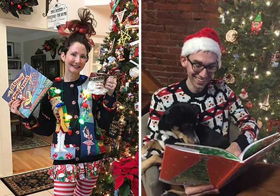 A woman stands by a Christmas tree, holding board games and cookies, dressed in a festive outfit with a light-up sweater, candy cane striped pants, and a whimsical hairstyle. Next to her, a man in a Santa hat and holiday sweater reads a book to a dog near another Christmas tree. Fearrington Village