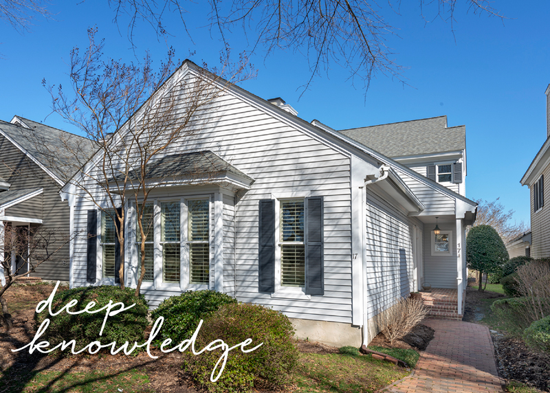 A single-story house with white siding and dark shutters. The home has multiple windows and a brick pathway leading to the entrance. Leafless trees are in the yard. The sky is clear and blue. "deep knowledge" is written in cursive on the left side of the image. Fearrington Village