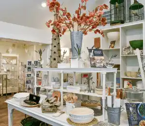 A home decor store with neatly arranged items on display, including plates, bowls, books, and decorative plants. A central white shelf features vibrant orange flowers in a metal vase. Shelving units in the background hold various ceramics and storage baskets. Fearrington Village