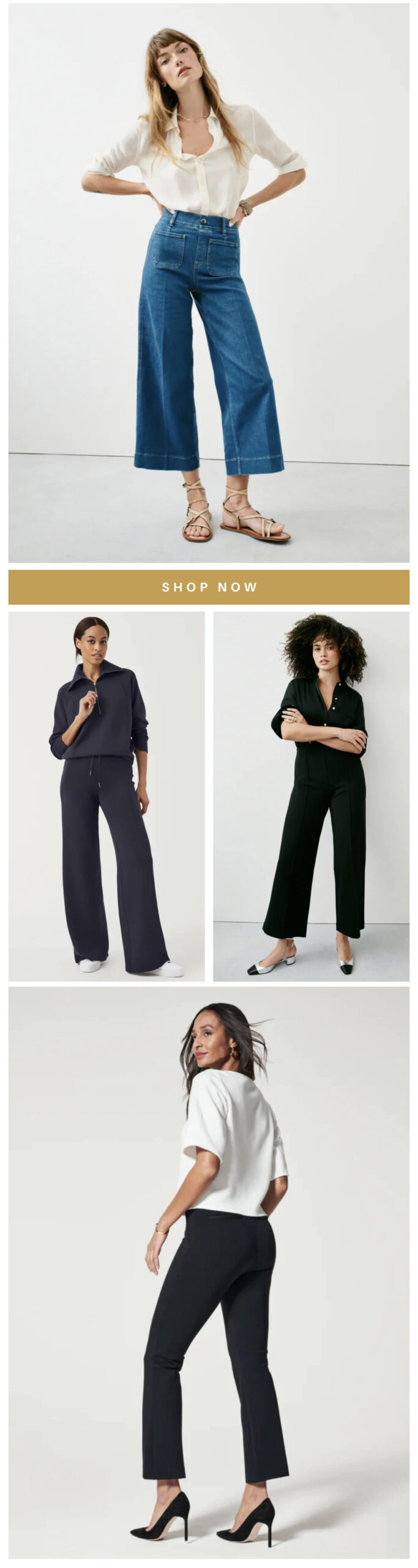 A collage of four images featuring women modeling different outfits. The top image shows a woman in a white blouse and wide-leg denim jeans. Below, two women wear black outfits, one with a hoodie and pants, and the other with a shirt and pants. The bottom image features a woman in a white top and black pants paired with heels. A "SHOP NOW" banner is in the middle. Fearrington Village