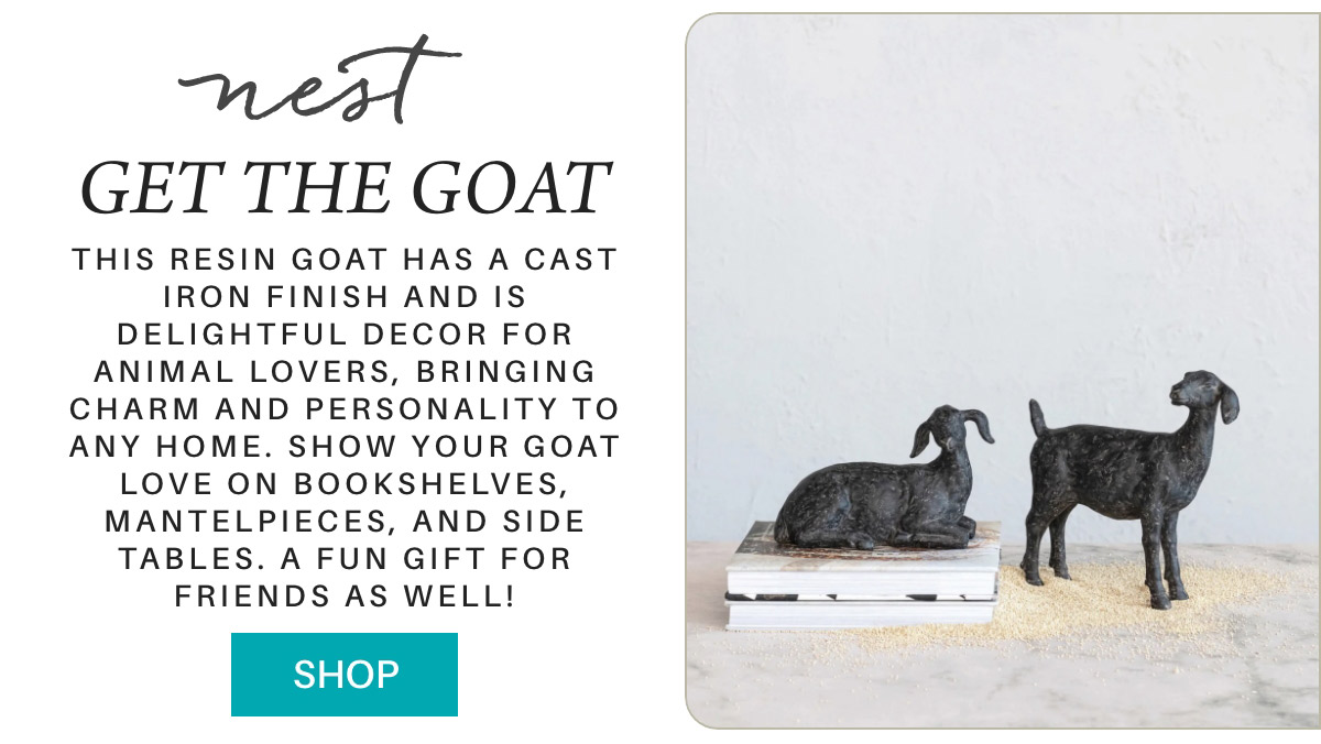 Image showing a decorative advertisement for resin goat figurines with a cast iron finish. The ad highlights them as charming home decor for animal lovers, suitable for bookshelves, mantels, and side tables, making them a fun gift. A "Shop" button is featured. Fearrington Village