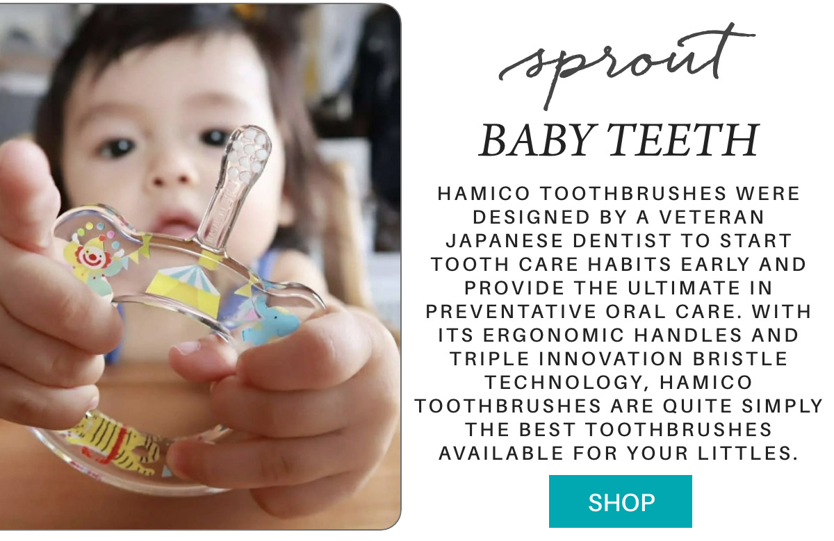 A baby holds a colorful, transparent toothbrush with a playful design featuring animals. The text next to the image promotes Hamico toothbrushes, highlighting their design by a veteran Japanese dentist for early tooth care habits and ergonomic handles. A "Shop" button is at the bottom. Fearrington Village