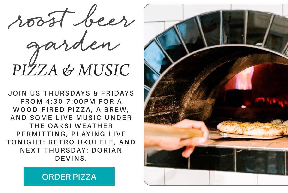 Advertisement for Root Beer Garden Pizza & Music. Text: "Join us Thursdays & Fridays from 4:30-7:00PM for a wood-fired pizza, a brew, and live music under the oaks! Weather permitting. Playing live tonight: Retro Ukulele, and next Thursday: Dorian Devins." An "Order Pizza" button is at the bottom, and a chef is placing a pizza in a wood-fired oven on the right. Fearrington Village