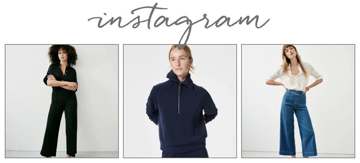 A collage of three women modeling outfits. The first woman wears a black jumpsuit with loose legs. The second woman is in a black zip-up pullover sweater. The third woman wears a white blouse tucked into high-waisted, wide-leg jeans. “Instagram” is written above. Fearrington Village