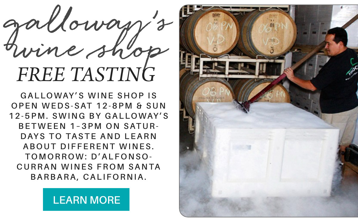 A man in a wine shop pours wine from a barrel into bottles, surrounded by wine barrels. Text promotes Galloway's Wine Shop free tastings on weekends, featuring D'Alfonso-Curran wines from Santa Barbara, California. "Learn More" button included. Fearrington Village