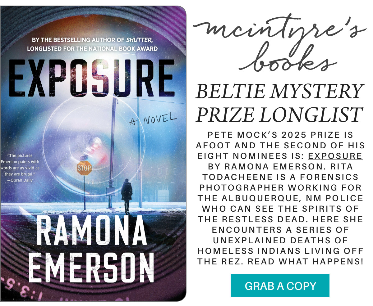 Book cover for "Exposure" by Ramona Emerson, featuring a stop sign and eerie graphics. Text highlights it as a Beltie Mystery Prize longlisted novel, involving a forensic photographer encountering spirits. A "Grab a Copy" button is present. Fearrington Village