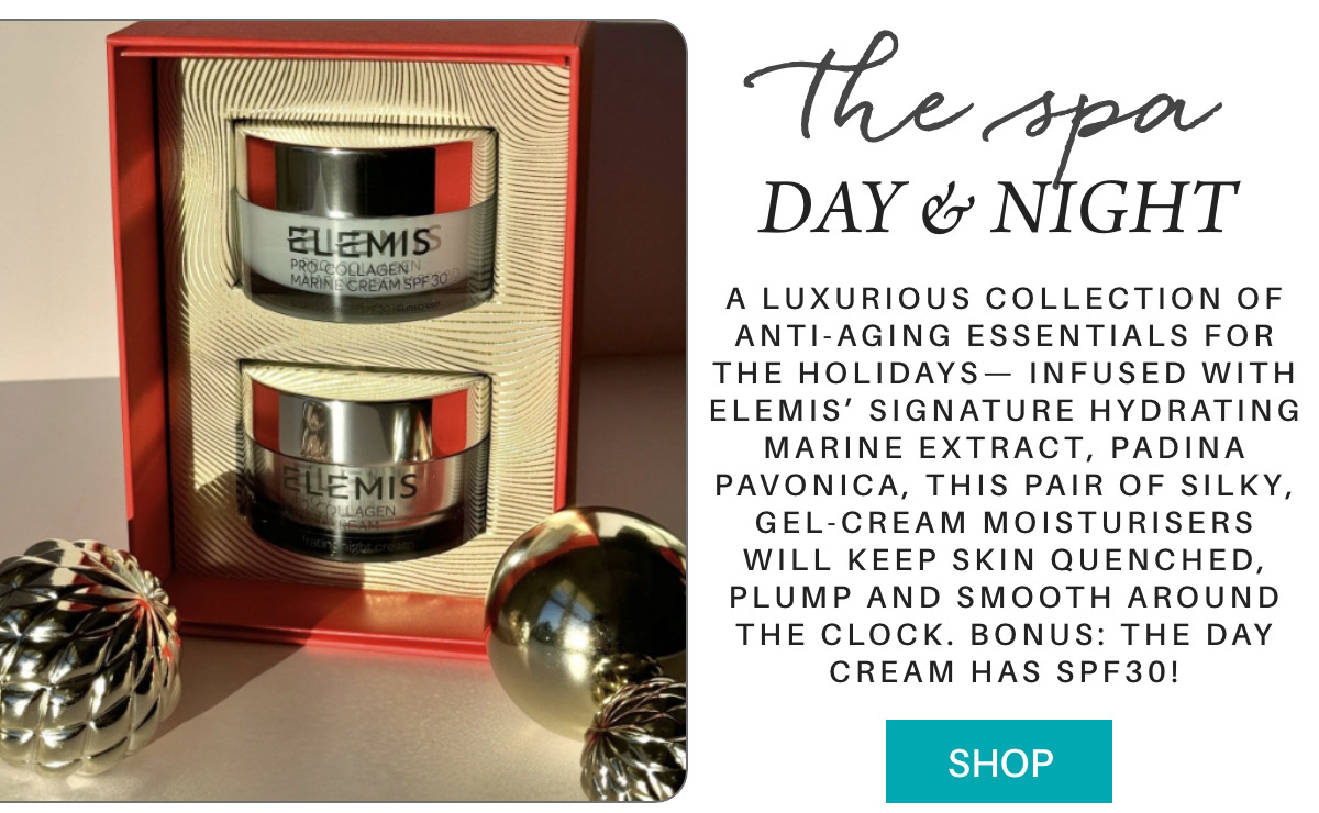 A set of two Elemis collagen moisturizers in a decorative box. The image promotes these anti-aging creams, featuring a holiday theme with shiny ornaments. Text highlights benefits like hydration and SPF30 protection. A "shop" button is included. Fearrington Village