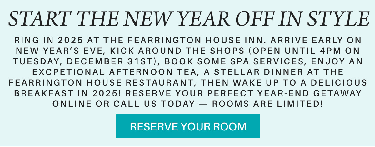 Promotional graphic for the Fearrington House Inn, inviting guests to celebrate New Year's Eve 2024. Includes spa services, shopping, afternoon tea, and dining options. Encourages reservations for limited rooms with a "Reserve Your Room" button. Fearrington Village