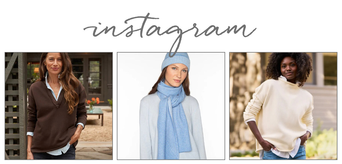 Collage of three women modeling fall fashion. The left wears a brown sweater, the center wears a blue scarf and hat, and the right wears a cream turtleneck. The word "Instagram" is written at the top. Fearrington Village