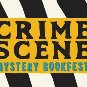 A rectangular graphic with a black and white diagonal striped background. In the center, a yellow box with text "CRIME SCENE" in large, black, uppercase letters followed by "Mystery Book Festival" in smaller, turquoise uppercase letters. Fearrington Village