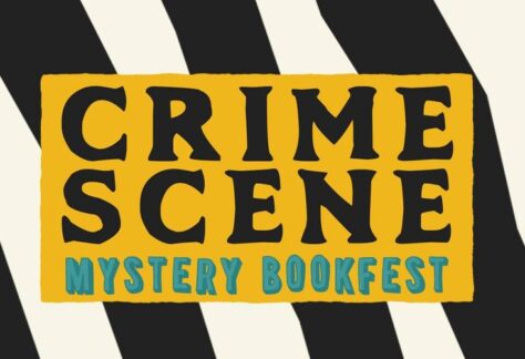 A rectangular graphic with a black and white diagonal striped background. In the center, a yellow box with text "CRIME SCENE" in large, black, uppercase letters followed by "Mystery Book Festival" in smaller, turquoise uppercase letters. Fearrington Village