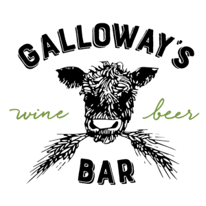 Logo with a cow’s head facing forward, holding wheat stalks in its mouth. The text "GALLOWAY'S" arches above the cow, while "wine" and "beer" flank either side in green cursive. The word "BAR" is below the cow in capital letters. Fearrington Village