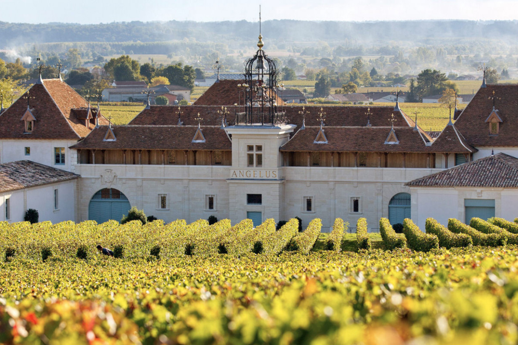 A large, elegant chateau named "Angelus" surrounded by vast vineyards in a picturesque countryside. The building features a central tower with intricate design, steep red roofs, and lush green grapevines stretching out in the foreground. Fearrington Village