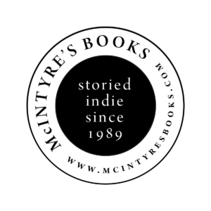 The logo for McIntyre's Books features a circular design with the phrase "storied indie since 1989" in the center. The outer circle contains the bookstore name and website, "MCINTYRE'S BOOKS" and "www.mcintyresbooks.com. Fearrington Village