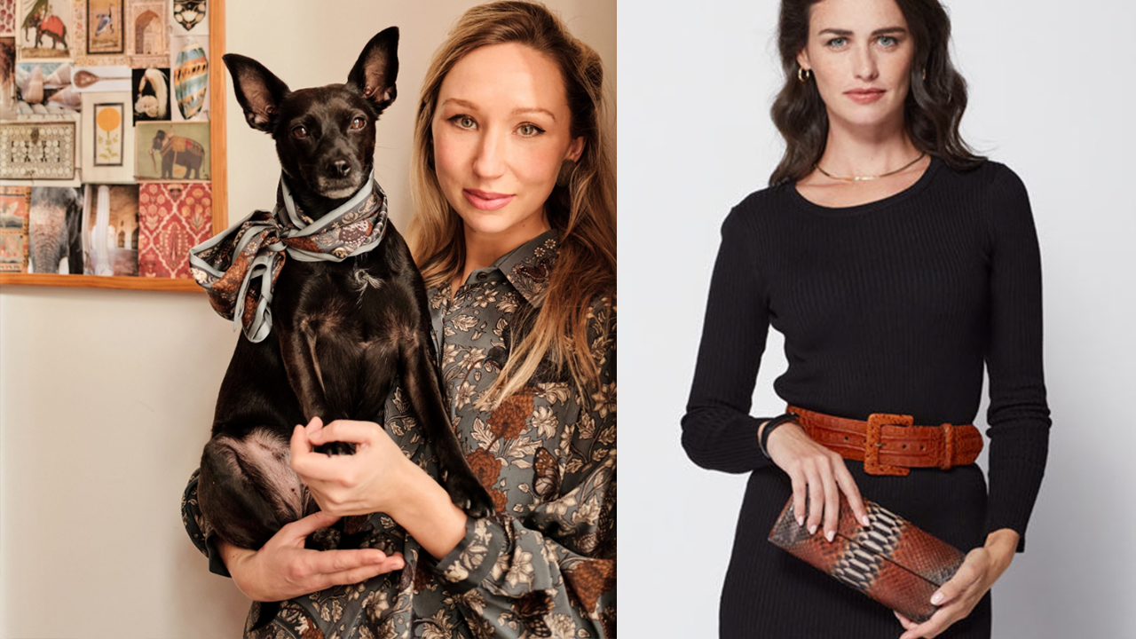 Left side: A woman holding a black dog with large ears, both wearing paisley scarves, standing in front of a collage wall. Right side: Another woman in a black dress with a brown belt, holding a clutch purse, standing against a plain background. Fearrington Village