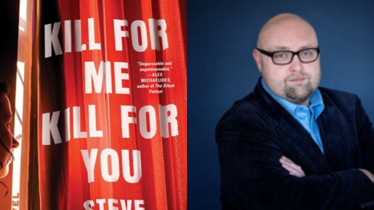The image is split into two sections. On the left is a close-up of a book cover titled "Kill For Me Kill For You" by Steve, with a backdrop of red curtains. The right side features a bald man with glasses and a beard wearing a blue shirt and dark blazer, against a dark blue background. Fearrington Village