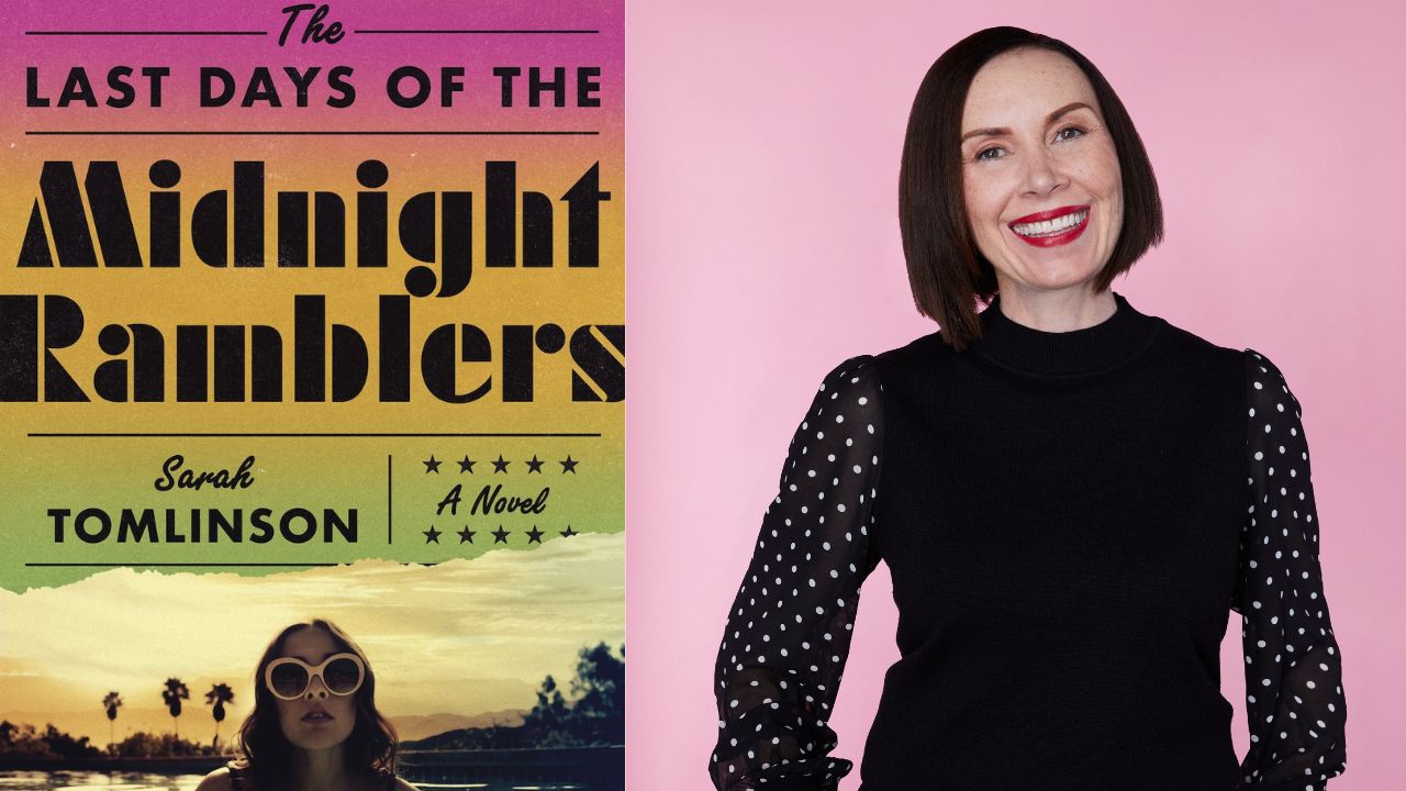 The image shows a book cover on the left titled "The Last Days of the Midnight Ramblers" by Sarah Tomlinson. The cover features a sunny scene with a woman in sunglasses. To the right is a woman with a bob haircut, wearing a black polka dot top, smiling against a pink background. Fearrington Village