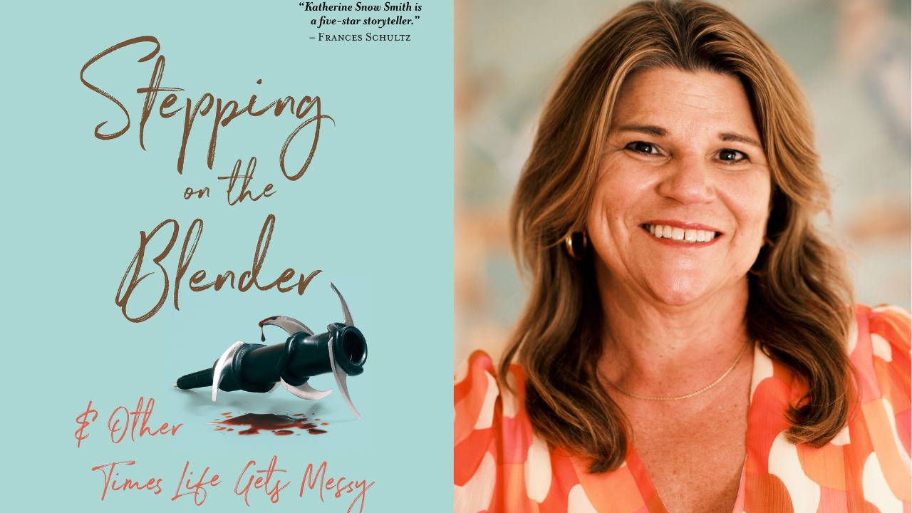 On the left, a book cover titled "Stepping on the Blender & Other Times Life Gets Messy" features an illustration of a blender blade against a turquoise background. On the right, a woman with shoulder-length hair smiles, wearing a red and white patterned blouse. Fearrington Village