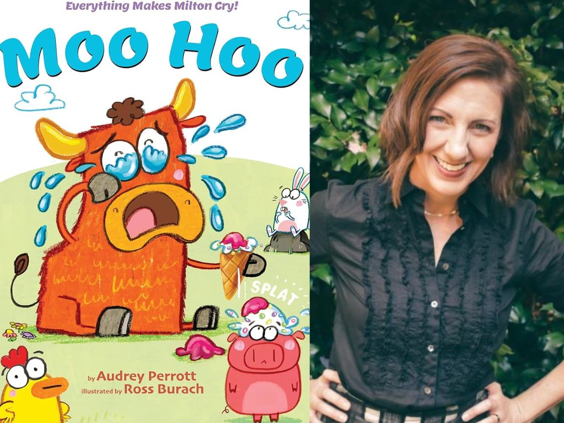Split-screen image: left side features the cover of the book "Moo Hoo" by Audrey Perrott, illustrated by Ross Burach, depicting a cartoon cow crying over spilled ice cream. Right side shows a smiling woman with short brown hair, wearing a black shirt, standing outdoors. Fearrington Village