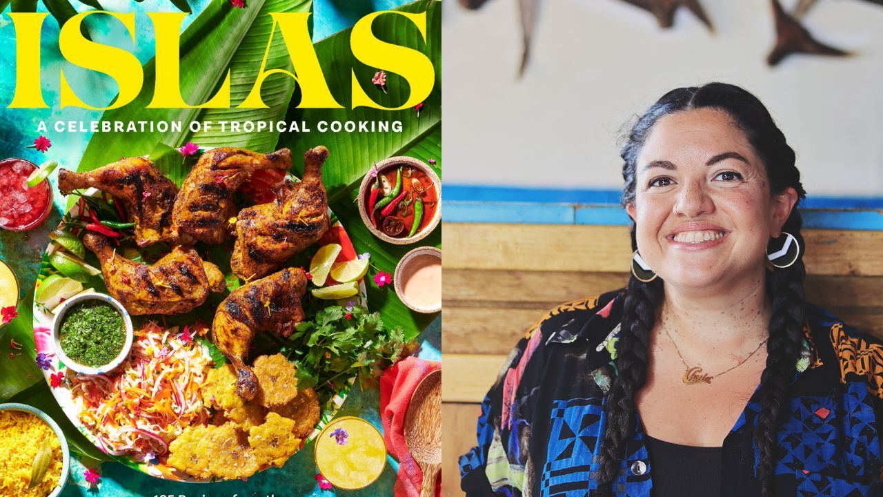 The image is divided into two parts. The left side shows a cover of a book titled "ISLAS: A Celebration of Tropical Cooking" featuring grilled chicken, tostones, various sauces, and lime wedges. The right side depicts a smiling person with dark braided hair, wearing colorful clothing. Fearrington Village