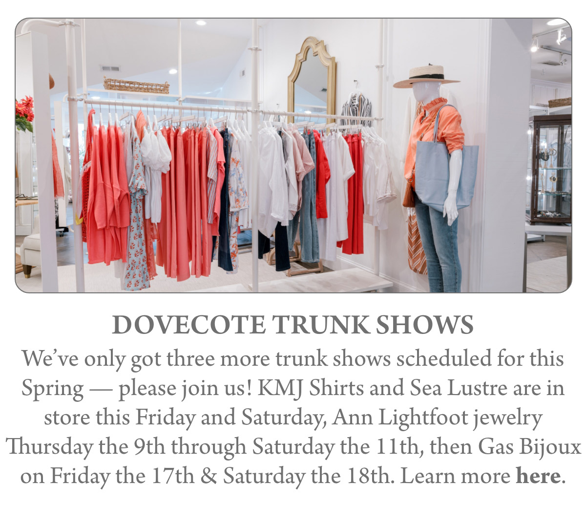 DOVECOTE TRUNK SHOWS We’ve only got three more trunk shows scheduled for this Spring — please join us! KMJ Shirts and Sea Lustre are in store this Friday and Saturday, Ann Lightfoot jewelry Thursday the 9th through Saturday the 11th, then Gas Bijoux on Friday the 17th & Saturday the 18th. Learn more here.