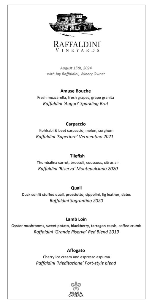 A winery event menu featuring a detailed course list: fresh mozzarella, carpaccio, tilefish, duck confit, lamb loin, and affogato, paired with various Raffaldini wines. The event is on August 15th, 2024, hosted by Jay Raffaldini, Winery Owner. Fearrington Village