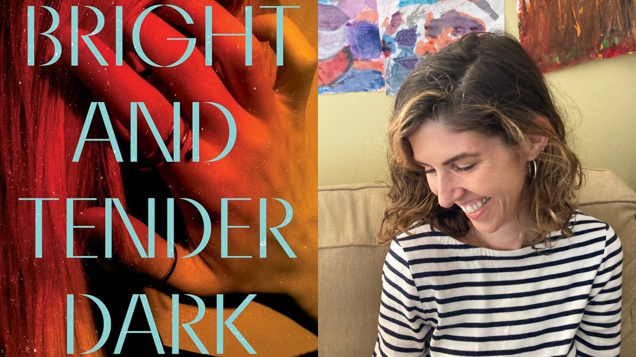 Johanna Pearson, Bright and Tender Dark, with Alison Hart 7 A woman with curly hair wearing a striped shirt smiles while sitting on a couch. To her left, there is text that reads "BRIGHT AND TENDER DARK" overlaid on an image with warm red and orange hues. There are paintings hanging on the wall behind her. Fearrington Village