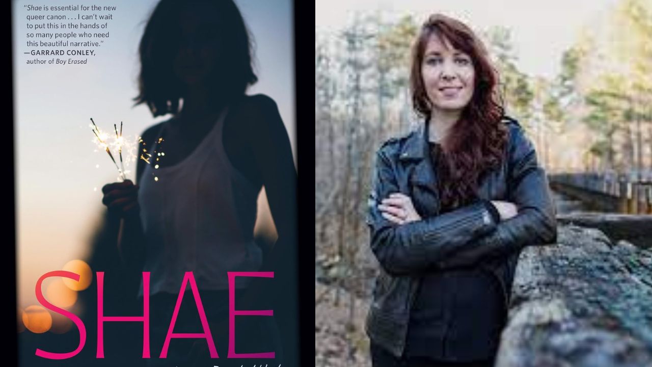 The image has two parts: The left half shows a person holding sparklers, with text that says "SHAE" and a quote about the work's significance. The right half shows a smiling person with long red hair wearing a black leather jacket, standing in an outdoor wooded area. Fearrington Village