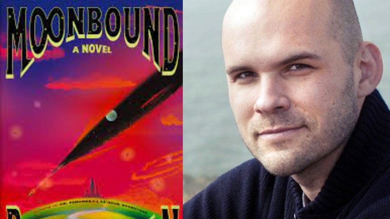 A side-by-side image featuring a colorful book cover on the left with the title "Moonbound: A Novel," showing a cosmic scene with a rocket and celestial bodies, and a headshot of a bald man with a light beard and dark clothing on the right. Fearrington Village