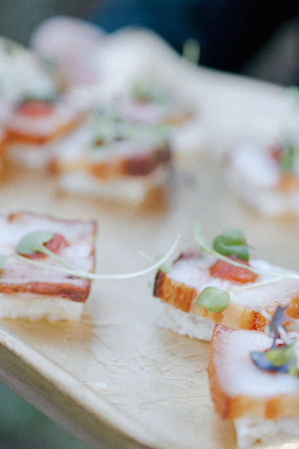 A tray of elegant appetizers, featuring small square pieces of crispy, golden-brown bread topped with slices of meat and delicate green microgreens, artfully arranged and slightly blurred in the background. Fearrington Village