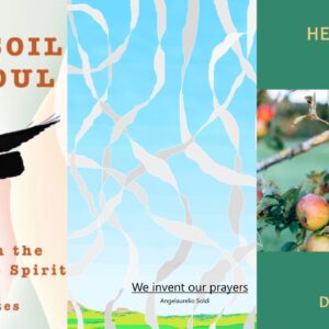 A collage of three book covers. "From Soil and Soul" shows text overlaying a bird silhouette. "We invent our prayers" by Angelea Vouloukos Sold displays abstract white shapes on a blue sky. "Here's Plenty: poems" by David Radavich presents ripening apples on a tree. Fearrington Village