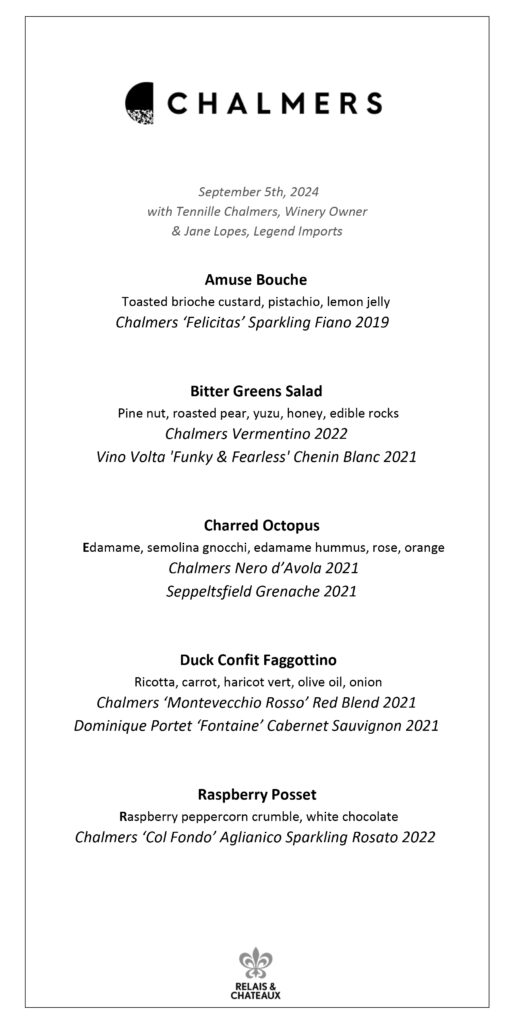 A white menu titled "Chalmers" dated "September 5th, 2024" with Tennille Chalmers and Jane Lopes. Courses listed are Amuse Bouche, Bitter Greens Salad, Charred Octopus, Duck Confit Fagottino, and Raspberry Posset, each paired with a specific wine. Fearrington Village