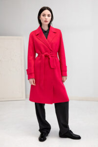 model wearing red bleted kinross coat