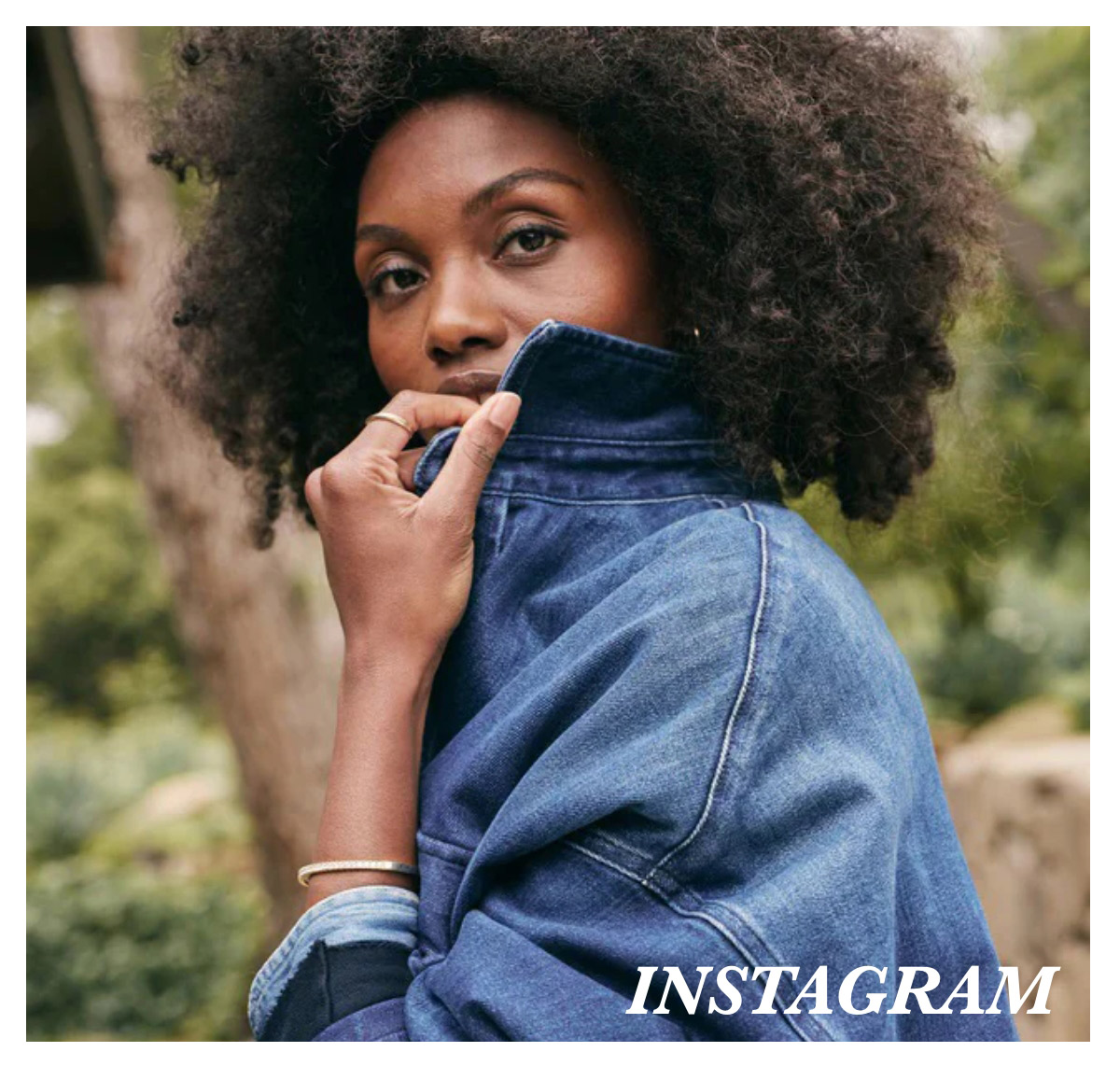 model wearing denim shirt, captioned instagram