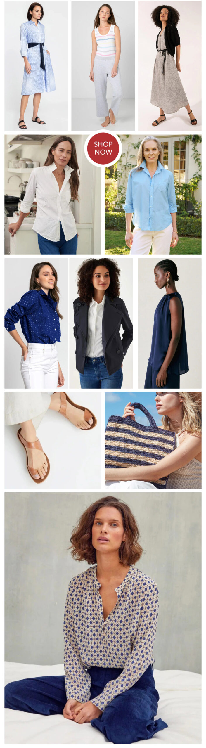 A collage of various women modeling different styles of clothing, including dresses, blouses, and casual outfits. The image features items such as sandals, a straw handbag, and various tops. One piece of text in the center reads "SHOP NOW. Fearrington Village