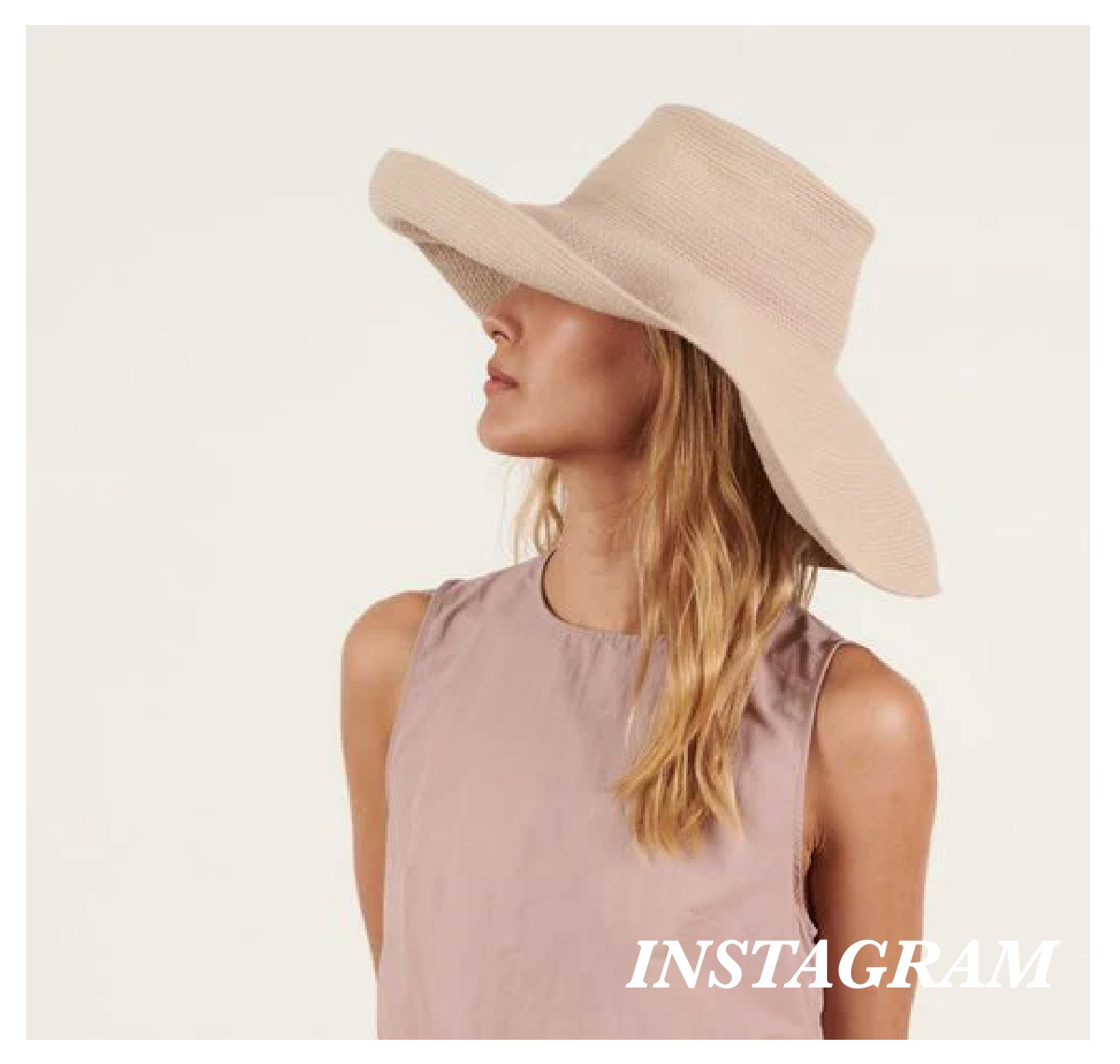 A person wearing a wide-brimmed beige hat and a sleeveless light pink top is looking to the left. The background is plain, and the word "INSTAGRAM" is displayed in the bottom right corner. Fearrington Village